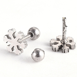 Stainless Steel Color 201 Stainless Steel Barbell Cartilage Earrings, Screw Back Earrings, with 304 Stainless Steel Pins, Snowflake, Stainless Steel Color, 8x8x2mm, Pin: 1mm
