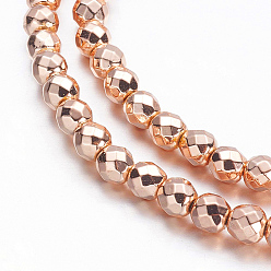 Rose Gold Plated Electroplate Non-magnetic Synthetic Hematite Beads Strands, Faceted(64 Facets), Round, Rose Gold Plated, 4mm, Hole: 1mm, about 98pcs/strand, 15.7 inch