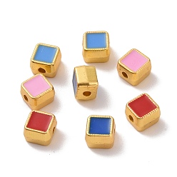 Couleur Mélangete Perles en alliage, avec l'émail, carrée, couleur or mat, couleur mixte, 6x6x4.5mm, Trou: 1.5mm