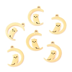 Golden 304 Stainless Steel Charms, Laser Cut, for Halloween, Moon with Owl, Golden, 12x9x1.1mm, Hole: 1mm