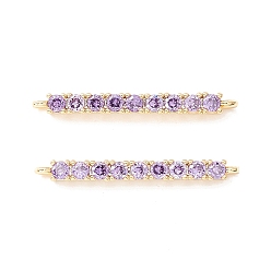 Lilac Rack Plating Brass Micro Pave Cubic Zirconia Connestor Charms, Long-Lasting Plated, Real 18K Gold Plated, Cadmium Free & Nickel Free & Lead Free, Strip, Lilac, 24x2x2.5mm, Hole: 1mm