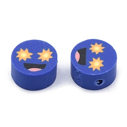 Bleu Perles en fimo faits à la main, plat rond avec motif de visage souriant, bleu, 9x4.5mm, Trou: 1.8mm