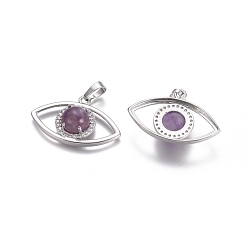 Amethyst Natural Amethyst Pendants, with Platinum Tone Brass Findings and Crystal Rhinestone, Eye, 21.5x33.3x7.5mm, Hole: 7x5mm