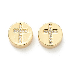 Real 18K Gold Plated Rack Plating Eco-Friendly Brass Beads, Micro Pave Clear Cubic Zirconia, Long-Lasting Plated, Cadmium Free & Lead Free, Flat Round with Cross, Real 18K Gold Plated, 11x5.1mm, Hole: 2.1mm