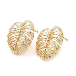 Real 18K Gold Plated Brass Stud Earring Finding, with Vertical Loop, Tropical Leaf, Real 18K Gold Plated, 18x18mm, Hole: 1.2mm, Pin: 0.7mm