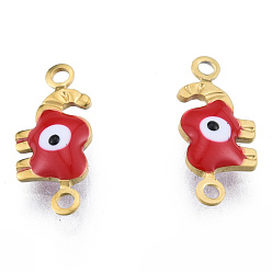 Dark Red 304 Stainless Steel Enamel Connector Charms, Real 18K Gold Plated, Elephant with Evil Eye, Dark Red, 6.5x15x2.5mm, Hole: 1.2mm