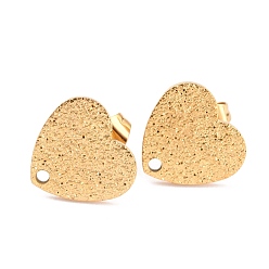 Golden Ion Plating(IP) 304 Stainless Steel Stud Earring Findings, with Ear Nuts/Earring Backs and Hole, Heart Shape with Textured, Golden, 12x13x1mm, Pin: 0.8mm
