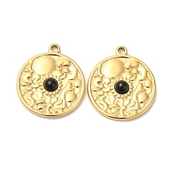 Black Agate Ion Plating(IP) 316 Stainless Steel Flat Round Pendants, Natural Black Agate Flower Charms, Real 24K Gold Plated, 23x20x4mm, Hole: 1.8mm
