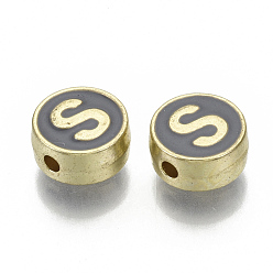 Letter S Alloy Enamel Beads, Cadmium Free & Nickel Free & Lead Free, Flat Round with Initial Letters, Light Gold, Letter.S, 8x4mm, Hole: 1.5mm