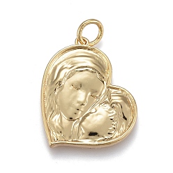 Real 18K Gold Plated Brass Pendants, with Jump Rings, for Mother's Day, Long-Lasting Plated, Heart with Mother and Son, Real 18K Gold Plated, 20.5x17x2.5mm, Hole: 3mm