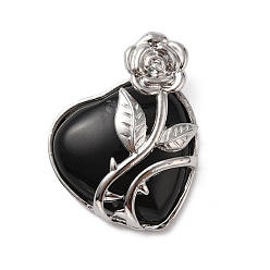 Obsidian Natural Obsidian Pendants, Heart Charms, with Rack Plating Platinum Tone Alloy Rose, Cadmium Free & Lead Free, 41~42x37~38x11~12mm, Hole: 5.3x5.2mm