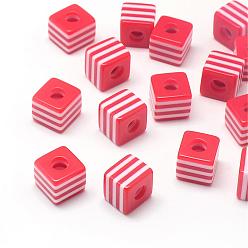 Rouge Orange Perles en résine à rayures opaques, cube, rouge-orange, 10x10x9mm, Trou: 4mm