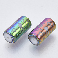 Colorful Electroplate Glass Beads, Column with Dot and Star Pattern, Colorful, 20x10mm, Hole: 1.2mm, about 50pcs/bag
