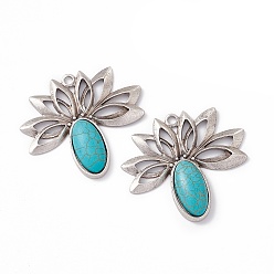 Antique Silver Synthetic Turquoise Oval Big Pendants, Pineapple Charms, with Rack Plating Alloy Lotus Flower Findings, Antique Silver, 48x53x7mm, Hole: 3.5mm