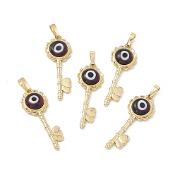 Coconut Brown Handmade Evil Eye Lampwork Pendants, with Rack Plating Real 18K Gold Plated Brass Findings, Long-Lasting Plated, Flower Key with Heart, Coconut Brown, 33x12x3.5mm, Hole: 4x7mm