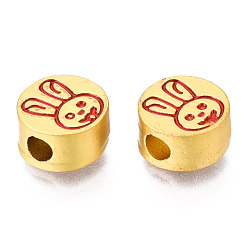 Red Alloy Enamel Beads, Matte Style, Cadmium Free & Lead Free, Flat Round with Rabbit, Red, 10x5.5mm, Hole: 3mm