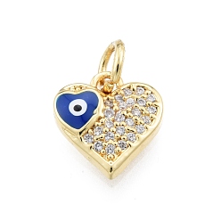 Blue Brass Micro Pave Clear Cubic Zirconia Charms, with Enamel and Jump Rings, Golden, Heart with Evil Eye, Blue, 10x10x2.5mm, Hole: 3mm