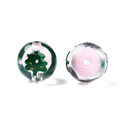 Pearl Pink Transparent Acrylic Enamel Beads, Bead in Bead, Round with Christmas Tree, Pearl Pink, 14~15x13mm, Hole: 2mm