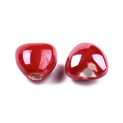 Red Pearlized Handmade Porcelain Beads, Heart, Red, 10x10x7mm, Hole: 1.8mm