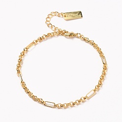Real 18K Gold Plated Brass Figaro Chain Bracelets, with Lobster Claw Clasps, Long-Lasting Plated, Word Hand Made, Real 18K Gold Plated, 6-3/4 inch(17cm)