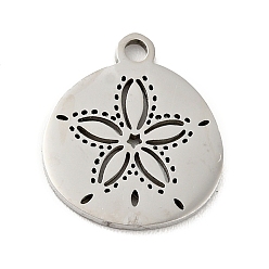 Stainless Steel Color 201 Stainless Steel Pendants, Flat Round with Flower, Stainless Steel Color, 13.5x12x1mm, Hole: 1.4mm