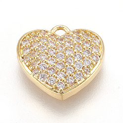 Doré  Micro cuivres ouvrent charmes de zircons, cœur, clair, or, 11.5x12x3mm, Trou: 1.2mm