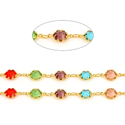 Colorful Handmade Brass Link Chains, with Glass Faceted Rhinestone & Spool, Soldered, Long-Lasting Plated,Real 18K Gold Plated,  Flower, Colorful, Flower: 12x6.5x3mm, about 32.8 Feet(10m)/roll