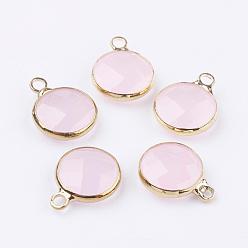 Misty Rose Golden Tone Brass Glass Flat Round Charms, Faceted, Misty Rose, 14x10.5x5mm, Hole: 1.5mm