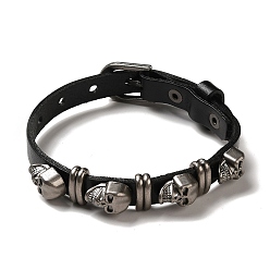 Noir Bracelet rivets tête de mort en alliage, bracelet cordon cuir de vachette homme femme, noir, 10-3/8 pouce (26.5 cm)