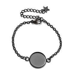 Noir Placage ionique (ip) 304 fabrication de bracelets en acier inoxydable, avec fermoir pince de homard, chaînes de câble et réglages de cabochon rond et plat, électrophorèse noir, Plateau: 12 mm, 5-1/2 pouce (14 cm)