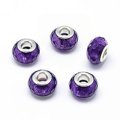 Mauve Resin European Beads, Large Hole Beads, with Silver Color Plated Brass Cores, Faceted, Rondelle, Large Hole Beads, Mauve, 13.5~14.5x9mm, Hole: 5mm