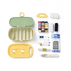 Pale Green Sewing Tool Box, Including Plastic Box, Plastic Tray, Sponge, Polyester Thread, Plastic Button, Thimble Ring, Safety Pin, Tape Measure, Scissor, Sewing Needles, Threader Devicesb, Pale Green, 154x95x57mm