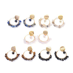 Mixed Stone Brass Dangle Stud Earrings, with Chip Natural Gemstone Beads, Brass & Plastic Earring Backs, 46.5mm, Pin: 0.7mm