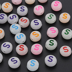 Letter S Acrylic Beads, Glow in the Dark, with Enamel and Luminous, Horizontal Hole, Flat Round with Alphabet, Letter.S, 6.5x7x4mm, Hole: 1.6mm, about 3600pcs/500g
