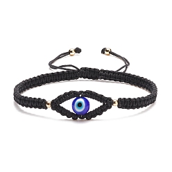 Noir Bracelet de perles tressées mauvais œil au chalumeau, bracelet réglable pour femme, noir, diamètre intérieur: 2-1/8~3-3/8 pouce (5.5~8.7 cm)