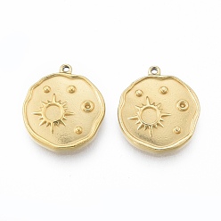 Real 14K Gold Plated Ion Plating(IP) 304 Stainless Steel Pendant Rhinestone Settings, Flat Round with Sun, Real 14K Gold Plated, Fit for 1mm Rhinestone, 17x15x3mm, Hole: 1mm
