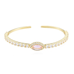 Perlas de Color Rosa Brazalete abierto con ojo de caballo y circonita cúbica, joyas de latón chapado en oro real 18k para mujer, rosa perla, diámetro interior: 1-7/8x2-1/4 pulgada (4.7x5.8 cm)