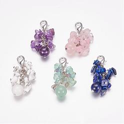 Mixed Stone Natural Gemstone Cluster Pendants, with Brass Lobster Claw Clasps, 51mm