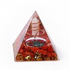 Red Resin Orgonite Pyramid Home Display Decorations, with Natural Gemstone Chips, Red, 50x50x50mm