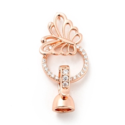 Rose Gold Butterfly with Ring Brass Micro Pave Clear Cubic Zirconia Fold Over Clasps, Cadmium Free & Lead Free, Rose Gold, Butterfly: 15x17.5x3mm, hole: 1mm, Clasp: 13x7x6mm, Inner Diameter: 4mm
