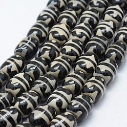 Wave Pattern Tibetan Style Double Tiger dZi Beads Strands, Natural Agate Beads, Dyed & Heated, Oval, Black, 16x12~12.5mm, Hole: 1.5mm, about 21~22pcs/strand, 13.9 inch