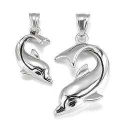 Stainless Steel Color 316L Surgical Stainless Steel Couple Pendants, For Valentine's Day, Dolphin, Stainless Steel Color, 38x23x6mm, Hole: 5x8mm, 27x15x5mm, Hole: 4x6mm, 2pcs/set