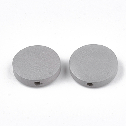 Light Grey Painted Natural Wood Beads, Flat Round, Light Grey, 15~15.5x4mm, Hole: 1.8mm