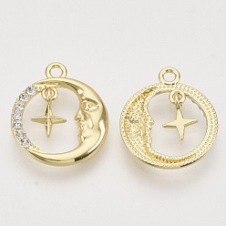 Light Gold Alloy Pendants, with Crystal Rhinestone, Flat Round with Star and Moon, Light Gold, 20x17x3mm, Hole: 1.8mm
