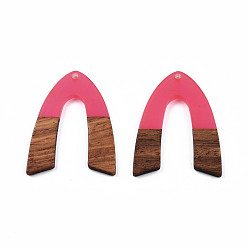 Hot Pink Transparent Resin & Walnut Wood Pendants, V-Shaped Charm, Hot Pink, 38x29x3mm, Hole: 2mm