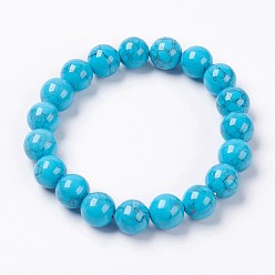Deep Sky Blue Natural Howlite Jade Beaded Stretch Bracelet, Dyed, Round, Deep Sky Blue, 2 inch(5cm), Beads: 8mm