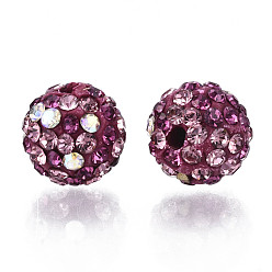 Rose Clair Perles de strass d'argile polymère , perles de boule pave disco , ronde, rose clair, pp 13 (1.9~2 mm), 6 rangées de strass, 10 mm, Trou: 1.5mm
