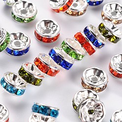 Mixed Color Brass Rhinestone Spacer Beads, Grade A, Straight Flange, Silver Color Plated, Rondelle, Mixed Color, 6x3mm, Hole: 1mm