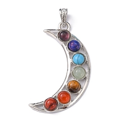 Mixed Stone Chakra Jewelry Alloy Bezel Gemstone Big Pendants, Crescent Moon, Platinum Metal Color, 60x35x8mm, Hole: 7x4mm