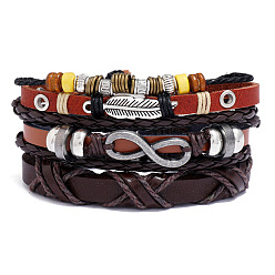 Coconut Brown 3Pcs 3 Style Leather Cord Bracelets Set, Alloy Feather & Infinity Links Adjustable Bracelets with Waxed Cords, Coconut Brown, Inner Diameter: 2-1/2 inch(6.5cm), 1Pc/style
